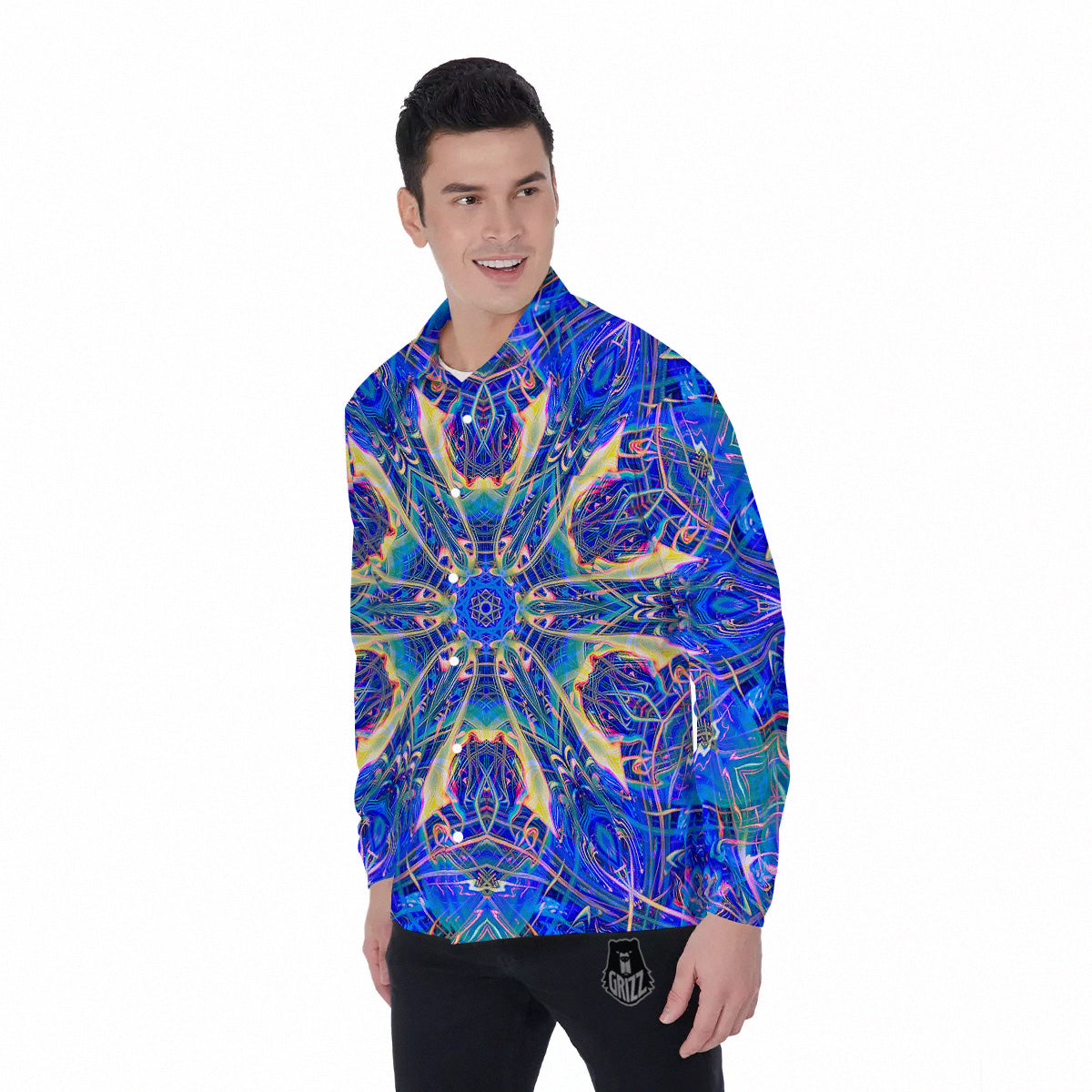 Kaleidoscope Blue Print Men's Long Sleeve Shirts-grizzshop