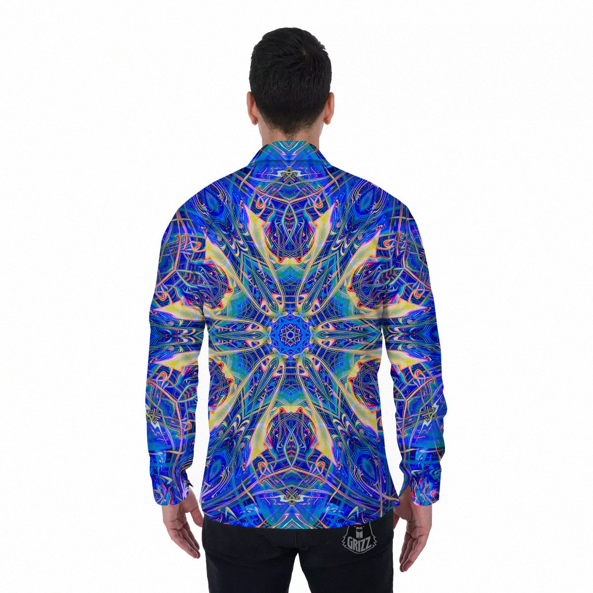 Kaleidoscope Blue Print Men's Long Sleeve Shirts-grizzshop