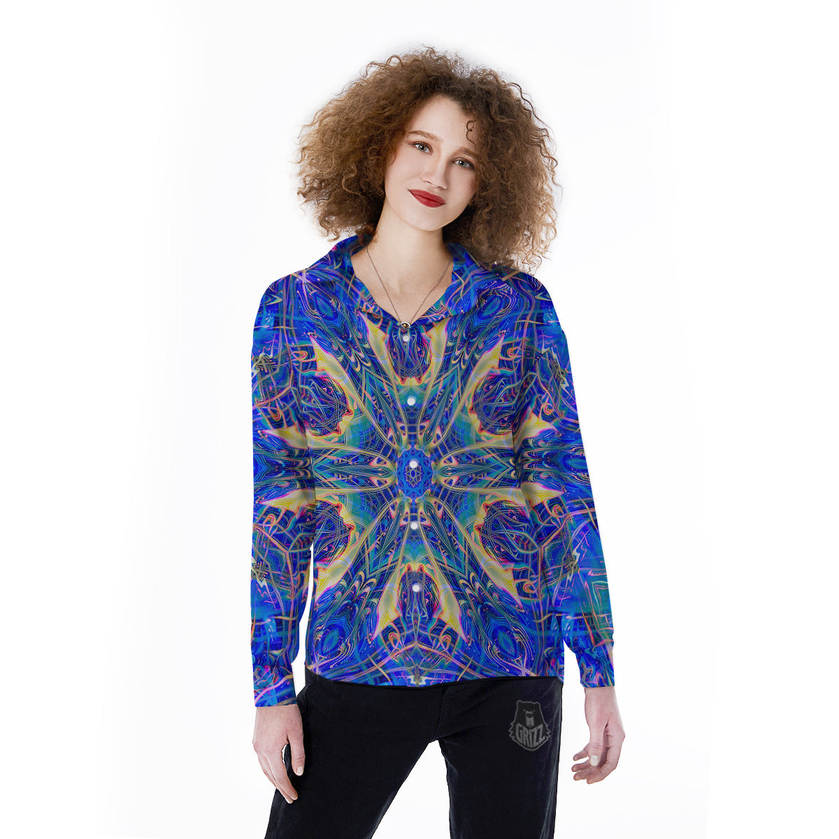 Kaleidoscope Blue Print Women's Long Sleeve Shirts-grizzshop