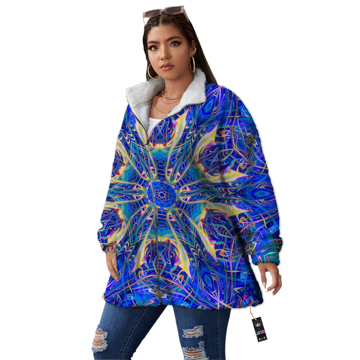 Kaleidoscope Blue Print Women's Sherpa Jacket-grizzshop