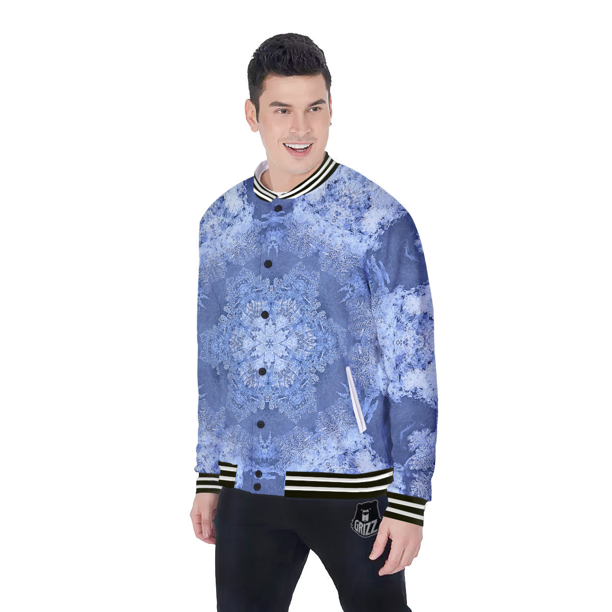 Kaleidoscope Blue Snowflake Print Baseball Jacket-grizzshop