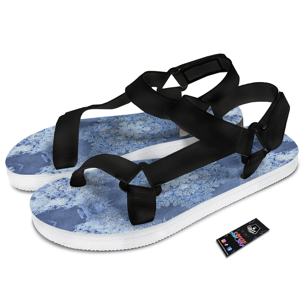Kaleidoscope Blue Snowflake Print Black Open Toe Sandals-grizzshop