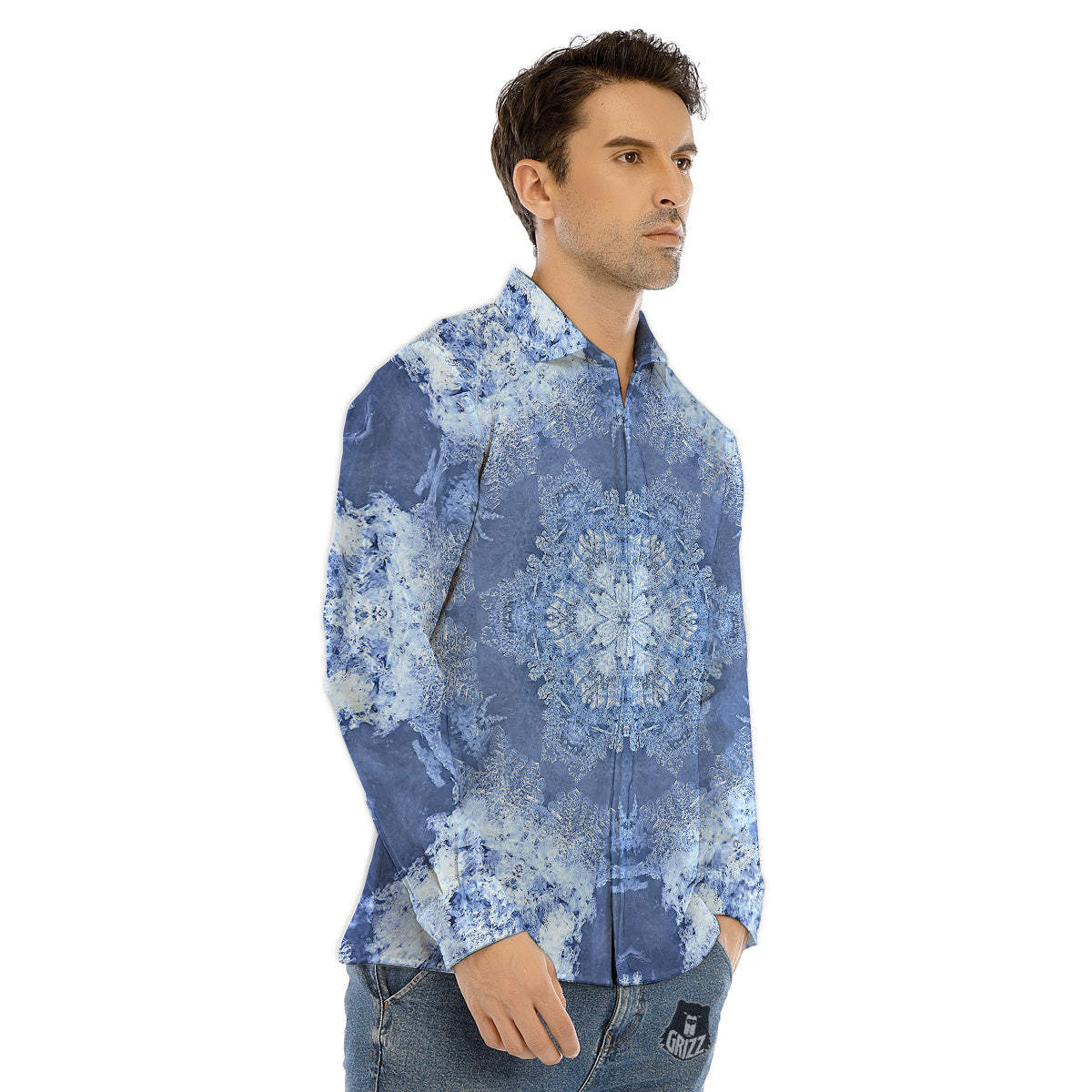 Kaleidoscope Blue Snowflake Print Men's Dress Shirts-grizzshop