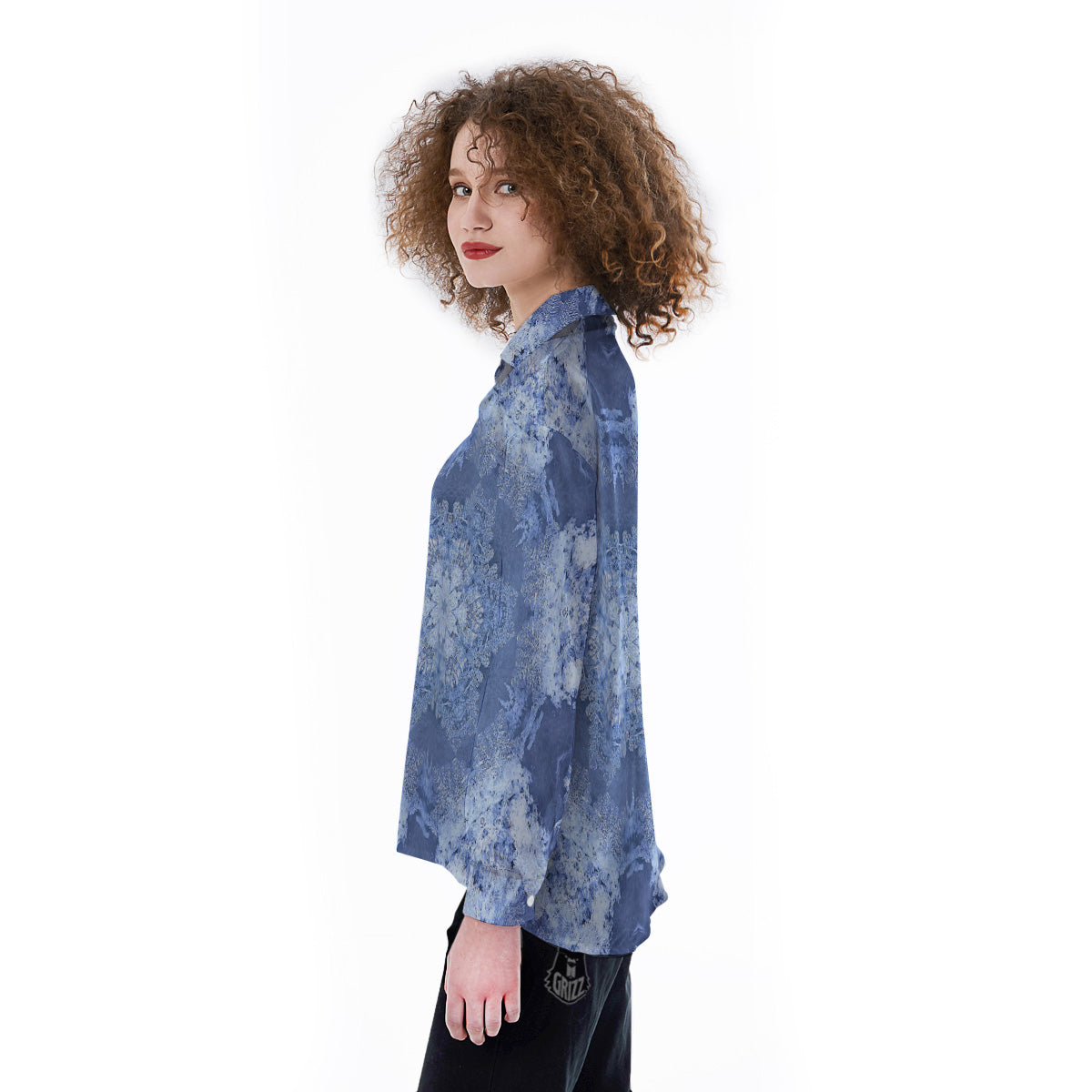 Kaleidoscope Blue Snowflake Print Women's Long Sleeve Shirts-grizzshop