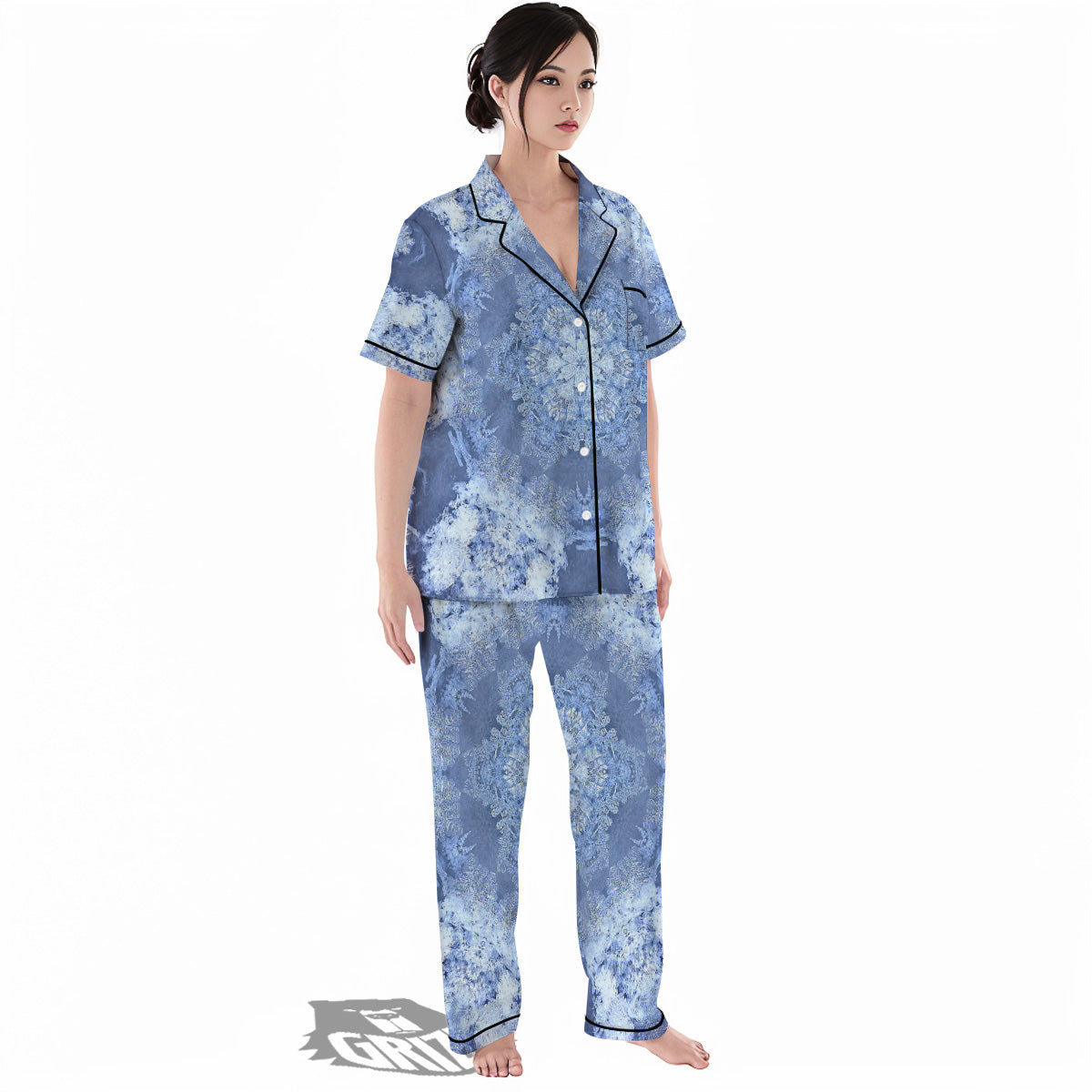 Kaleidoscope Blue Snowflake Print Women's Pajamas Set-grizzshop
