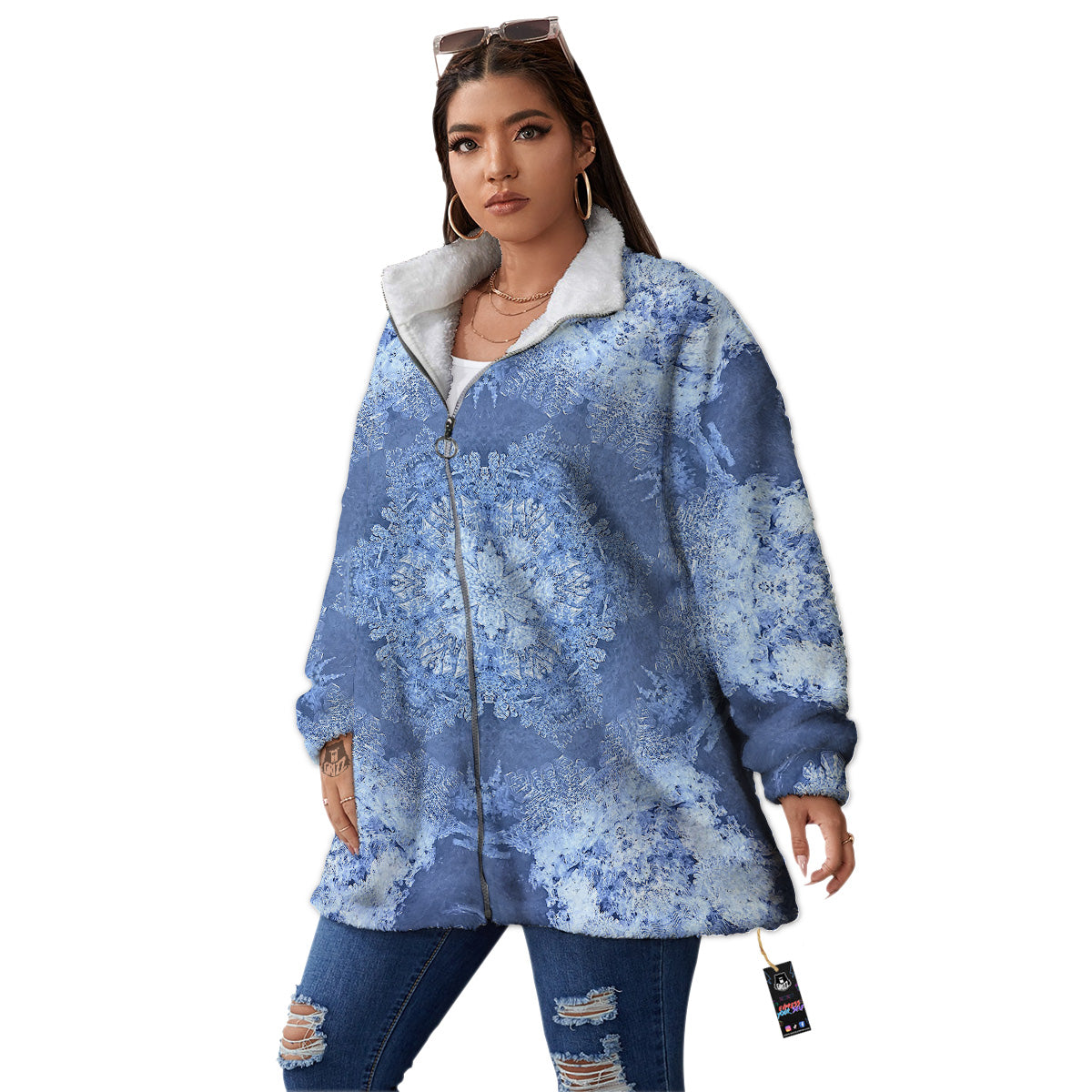 Kaleidoscope Blue Snowflake Print Women's Sherpa Jacket-grizzshop