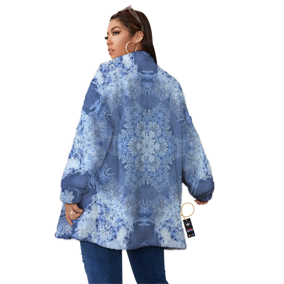 Kaleidoscope Blue Snowflake Print Women's Sherpa Jacket-grizzshop