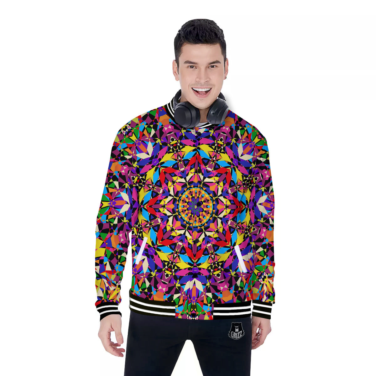 Kaleidoscope Colorful Print Baseball Jacket-grizzshop