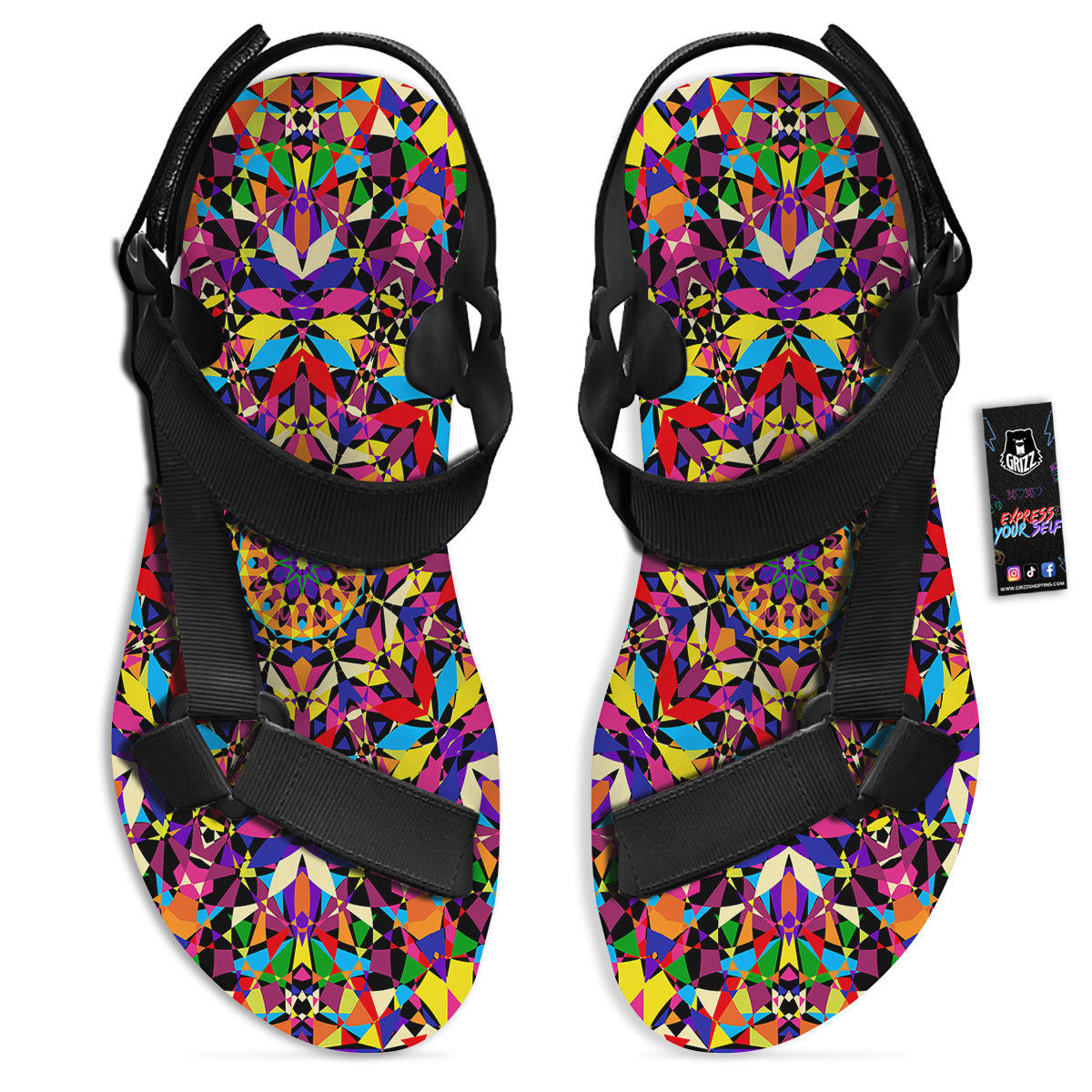 Kaleidoscope Colorful Print Black Open Toe Sandals-grizzshop