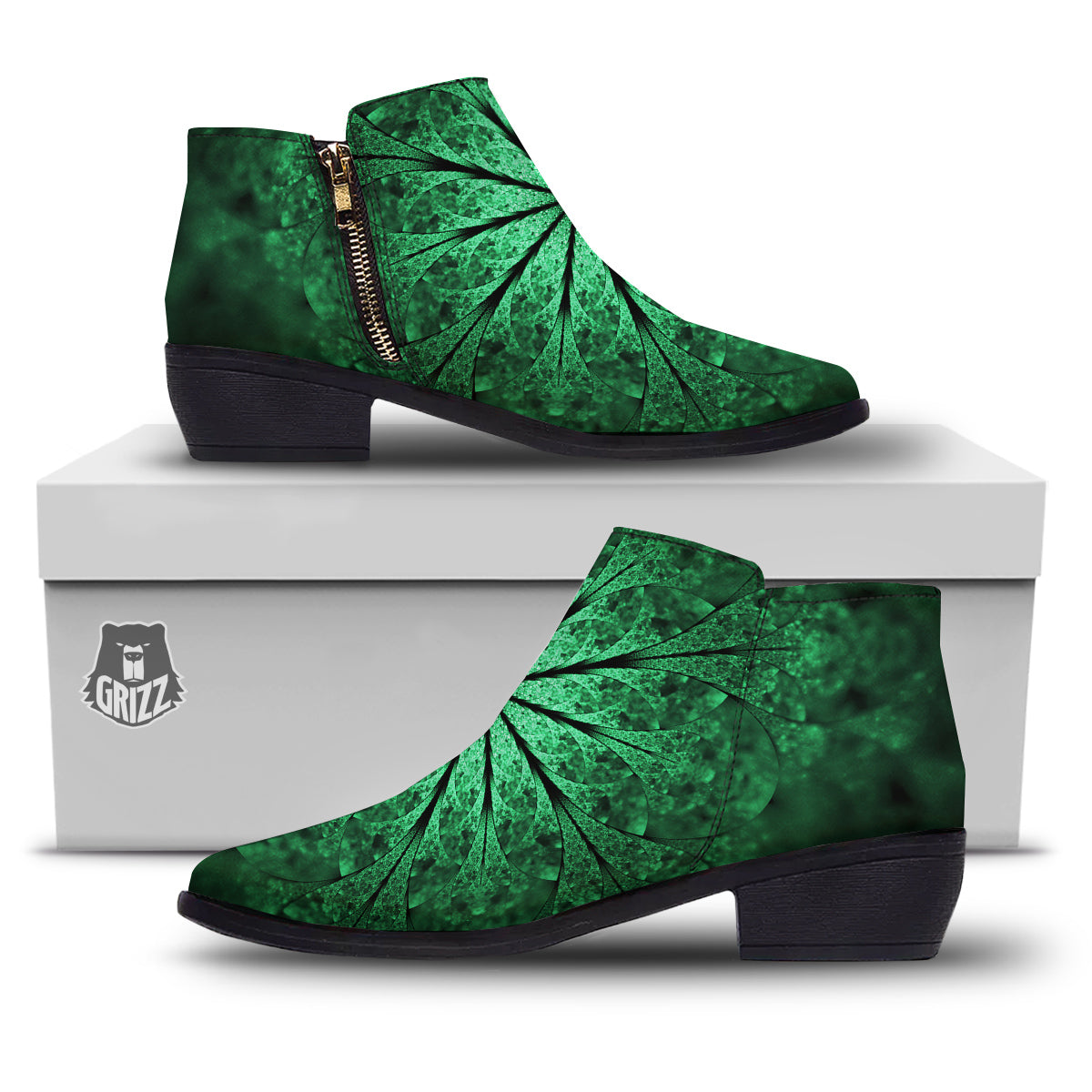 Kaleidoscope Dark Green Print Ankle Boots-grizzshop