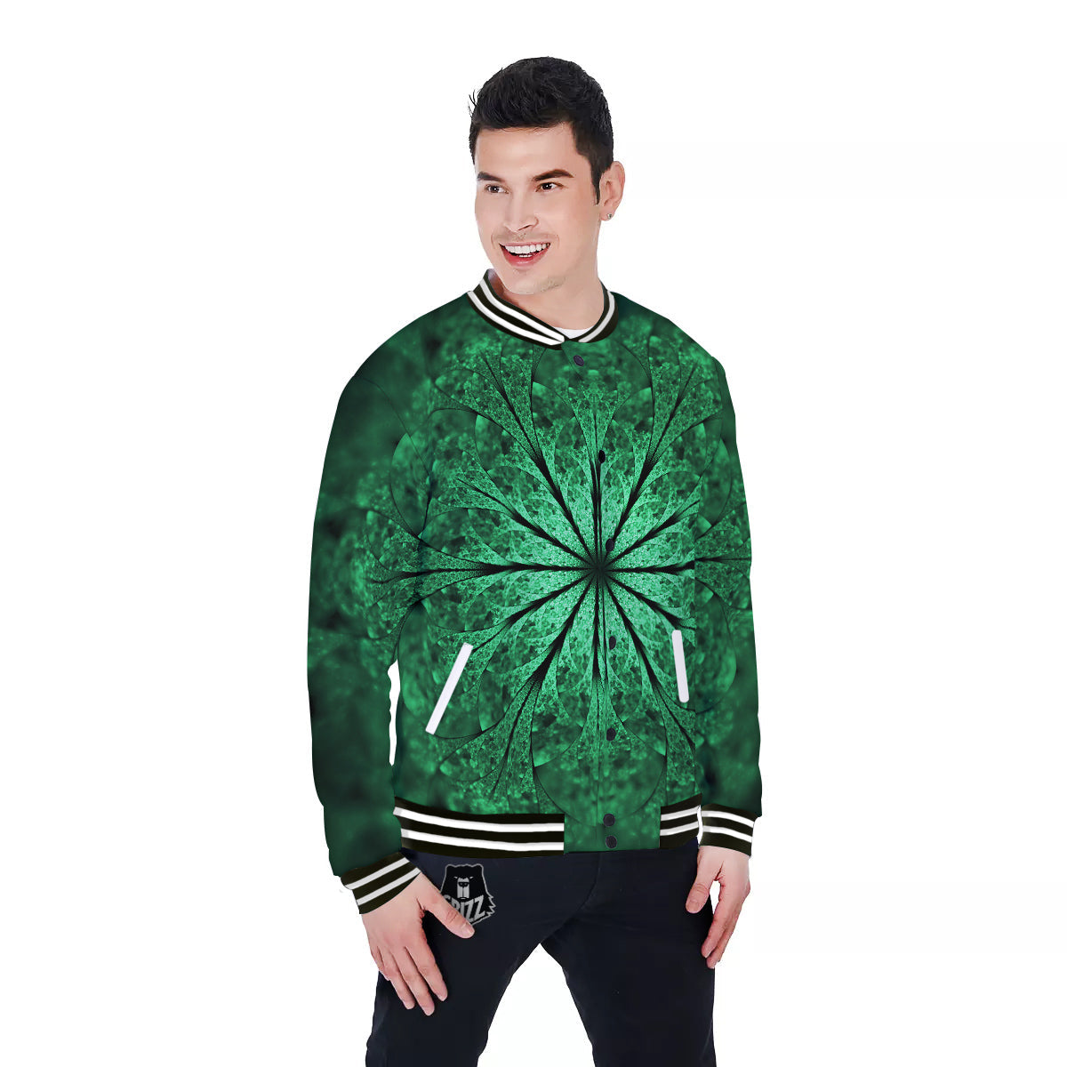 Kaleidoscope Dark Green Print Baseball Jacket-grizzshop
