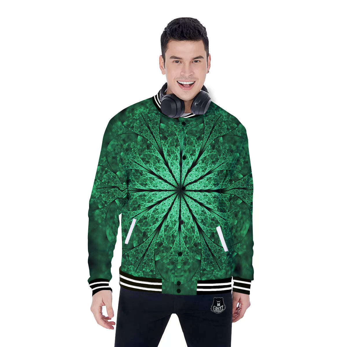 Kaleidoscope Dark Green Print Baseball Jacket-grizzshop