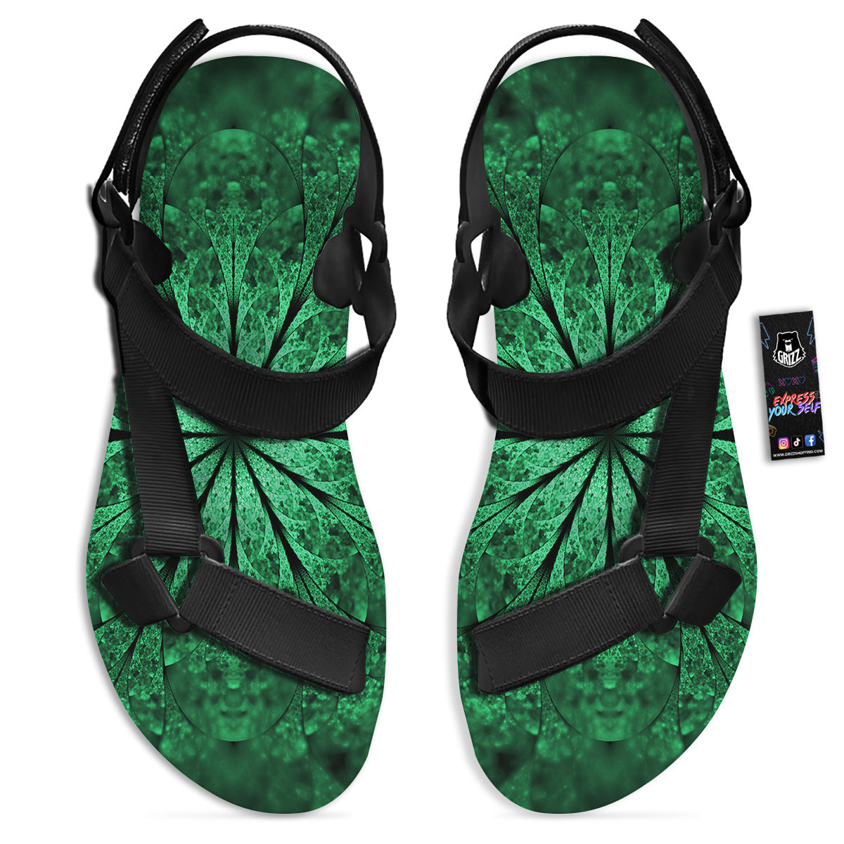 Kaleidoscope Dark Green Print Black Open Toe Sandals-grizzshop