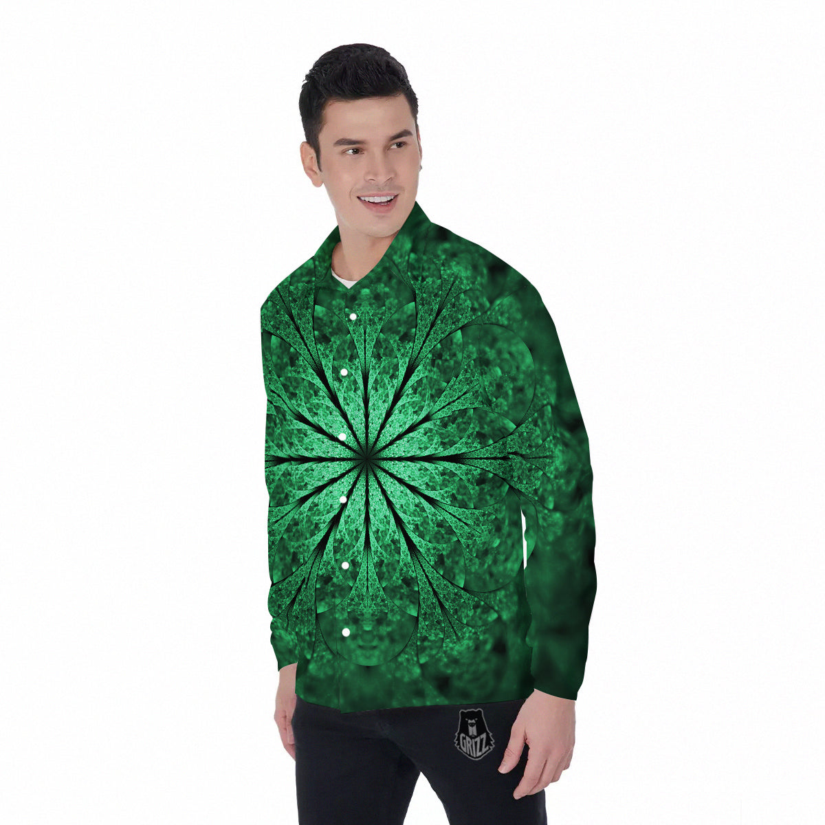 Kaleidoscope Dark Green Print Men's Long Sleeve Shirts-grizzshop