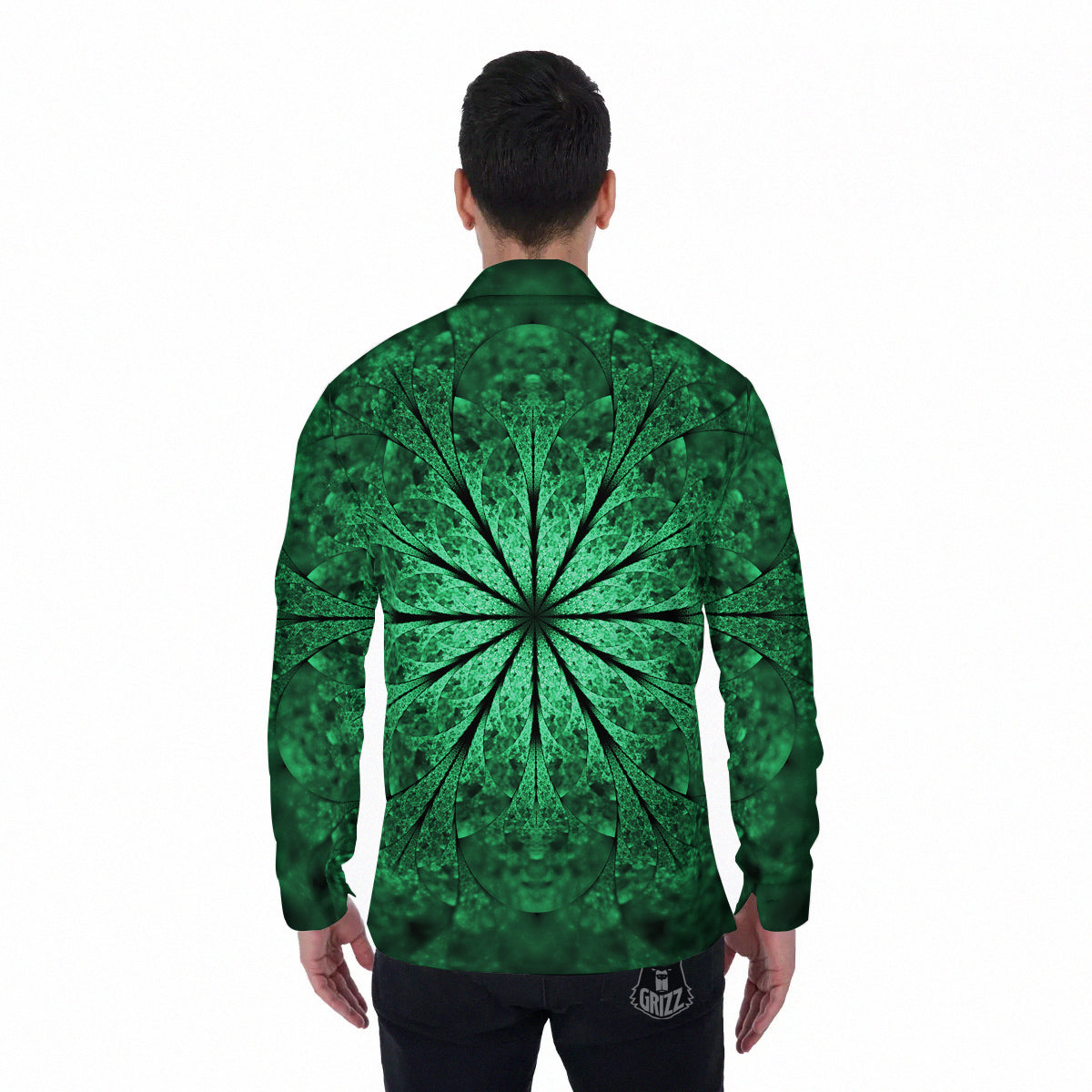 Kaleidoscope Dark Green Print Men's Long Sleeve Shirts-grizzshop