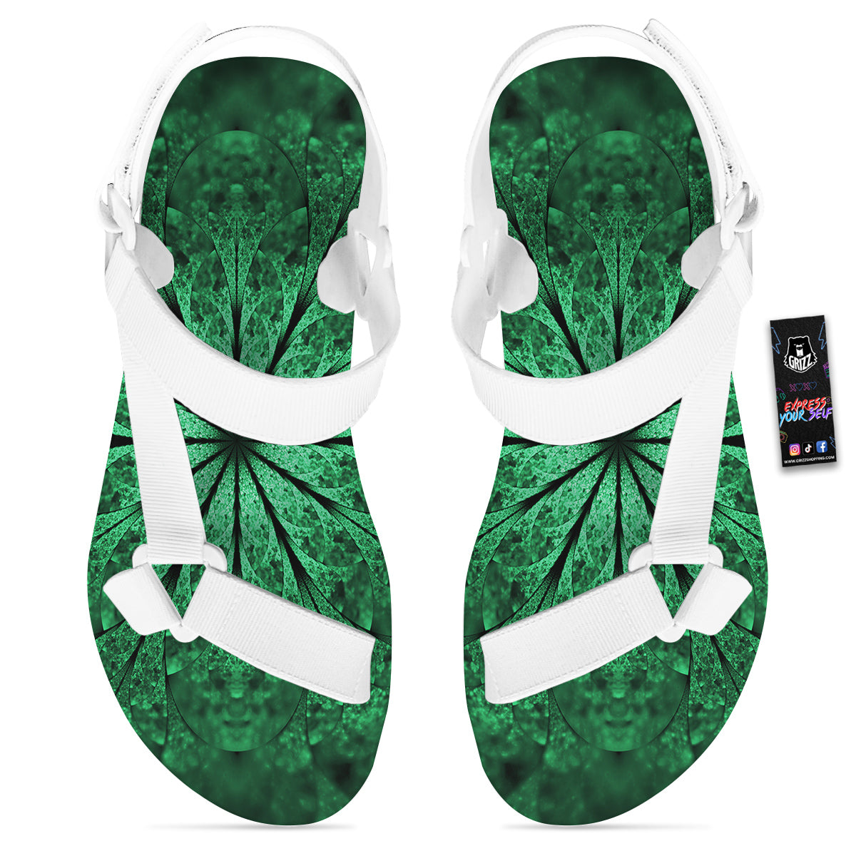 Kaleidoscope Dark Green Print White Open Toe Sandals-grizzshop