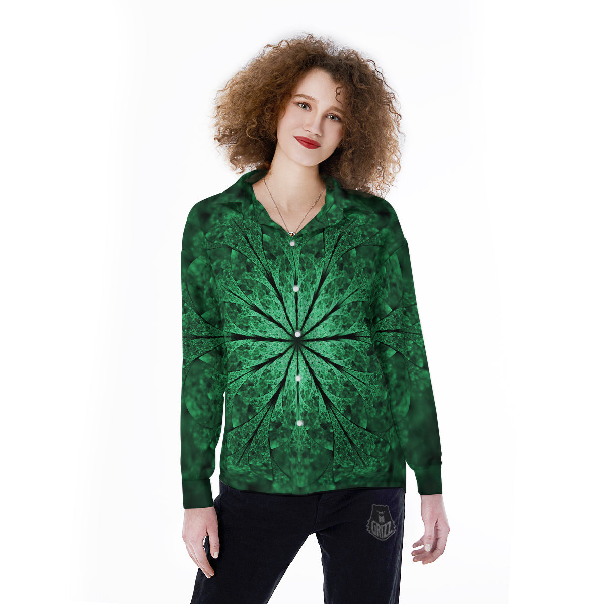Kaleidoscope Dark Green Print Women's Long Sleeve Shirts-grizzshop