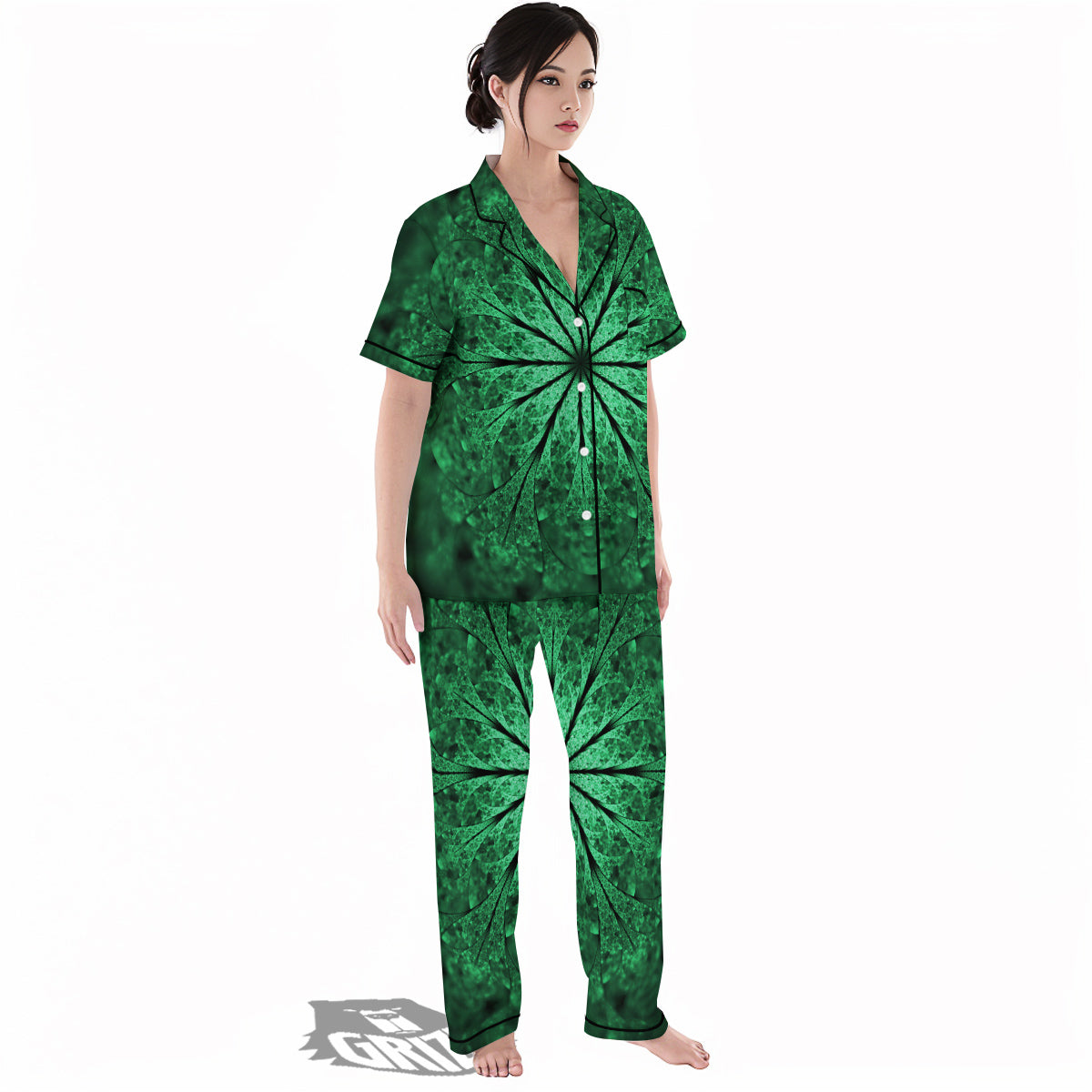 Kaleidoscope Dark Green Print Women's Pajamas Set-grizzshop