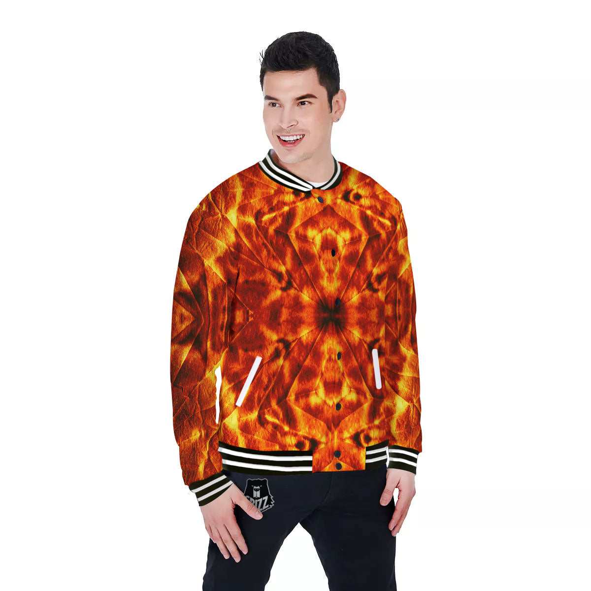 Kaleidoscope Flame Print Baseball Jacket-grizzshop
