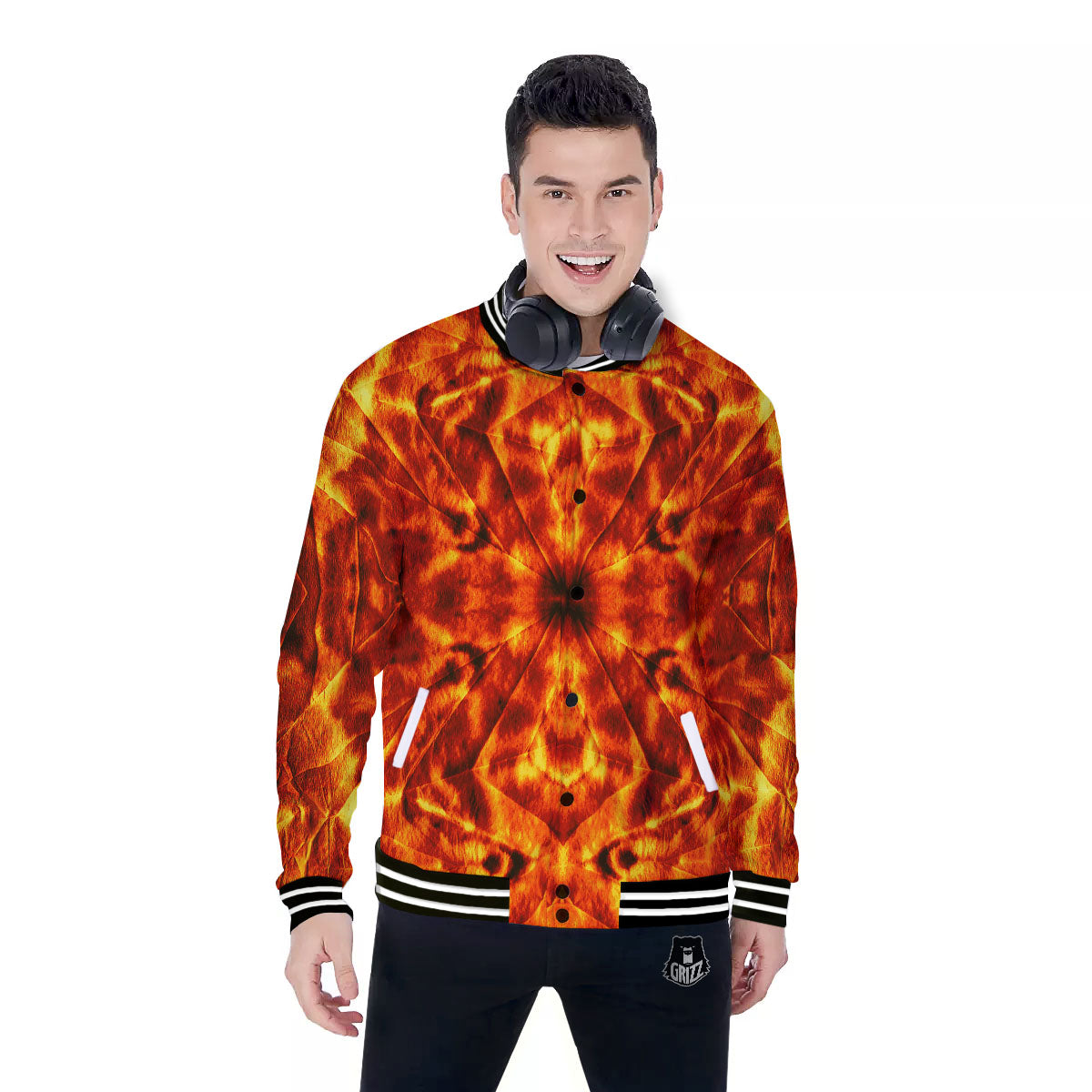 Kaleidoscope Flame Print Baseball Jacket-grizzshop