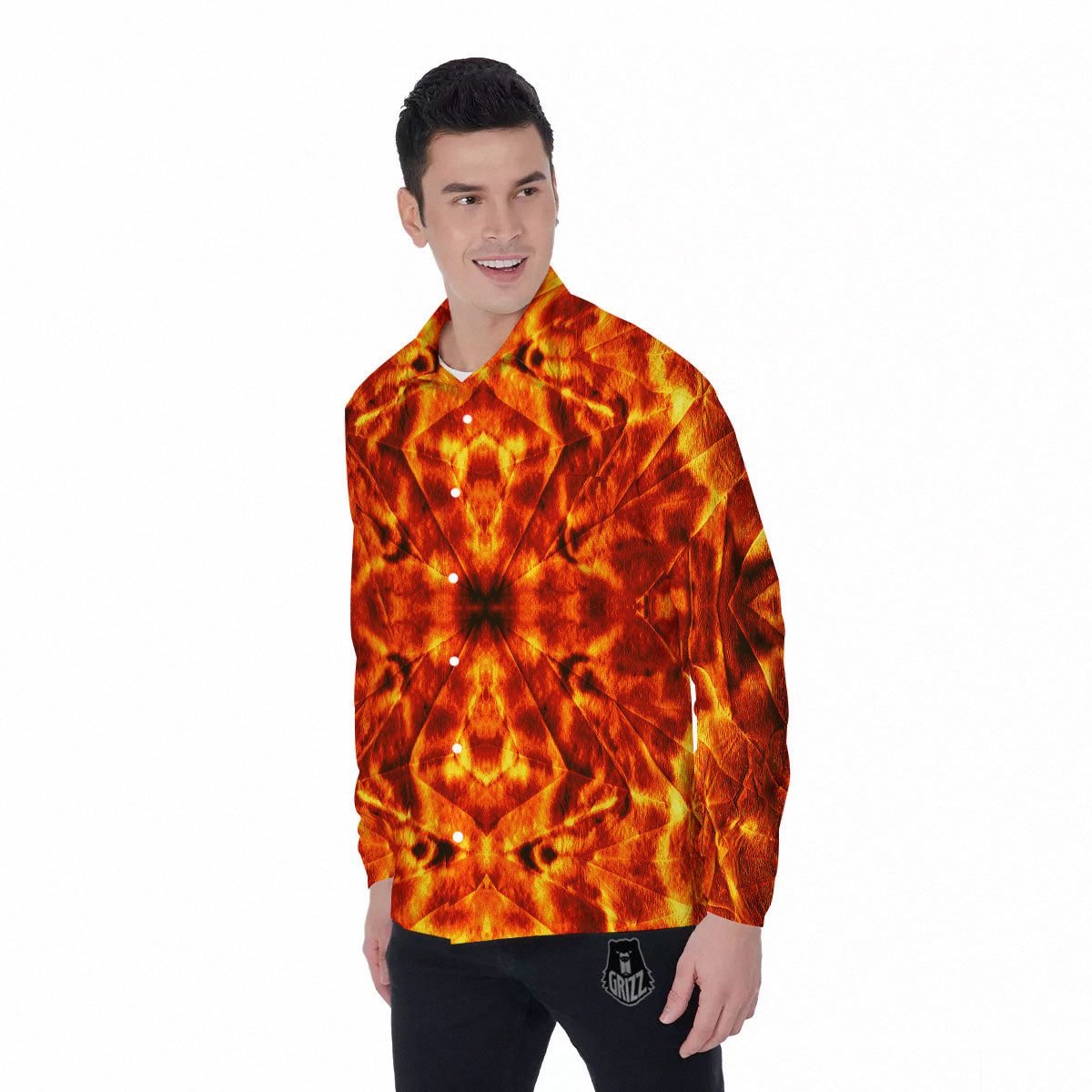 Kaleidoscope Flame Print Men's Long Sleeve Shirts-grizzshop