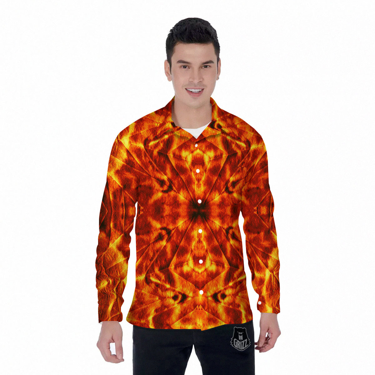 Kaleidoscope Flame Print Men's Long Sleeve Shirts-grizzshop