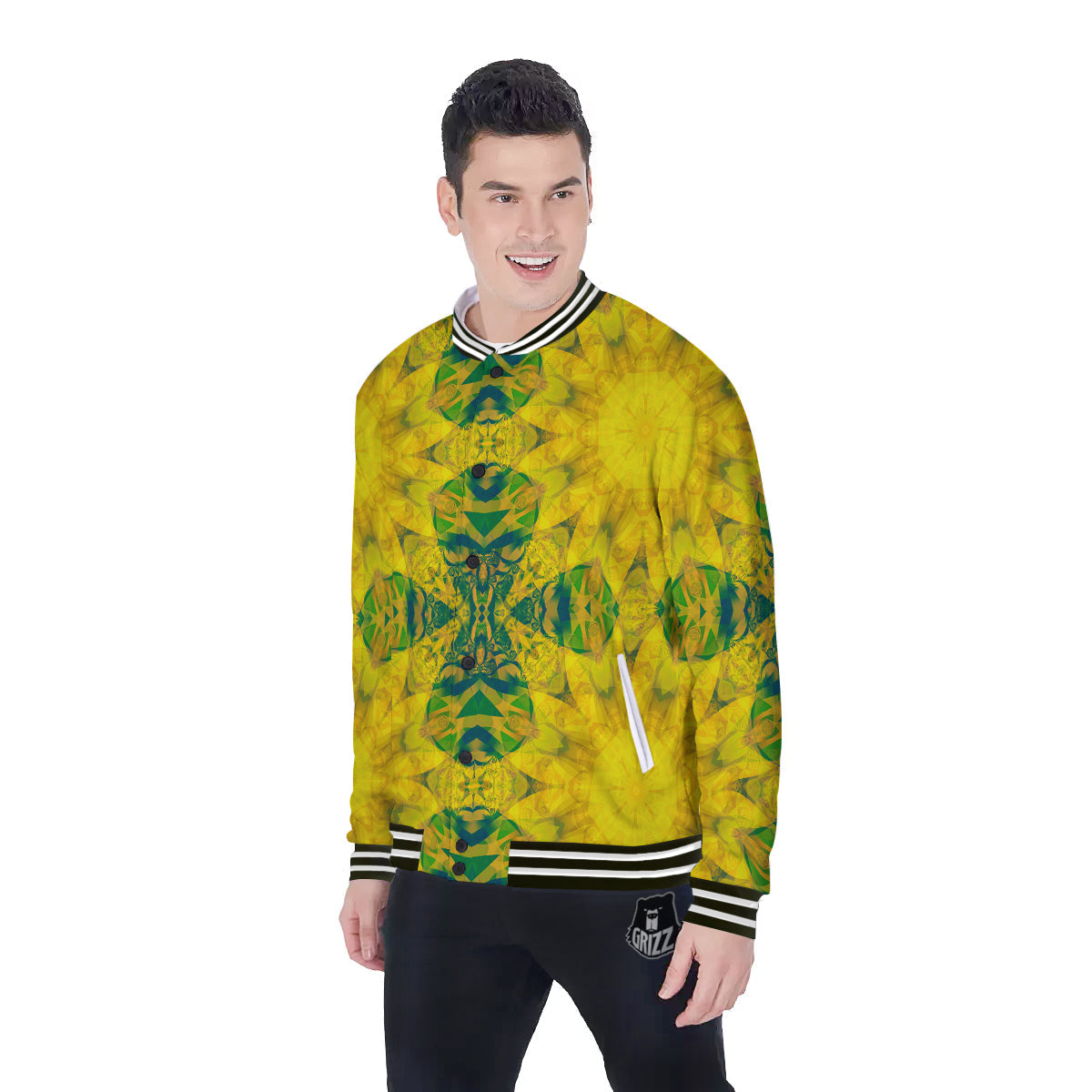Kaleidoscope Flower Yellow Print Pattern Baseball Jacket-grizzshop