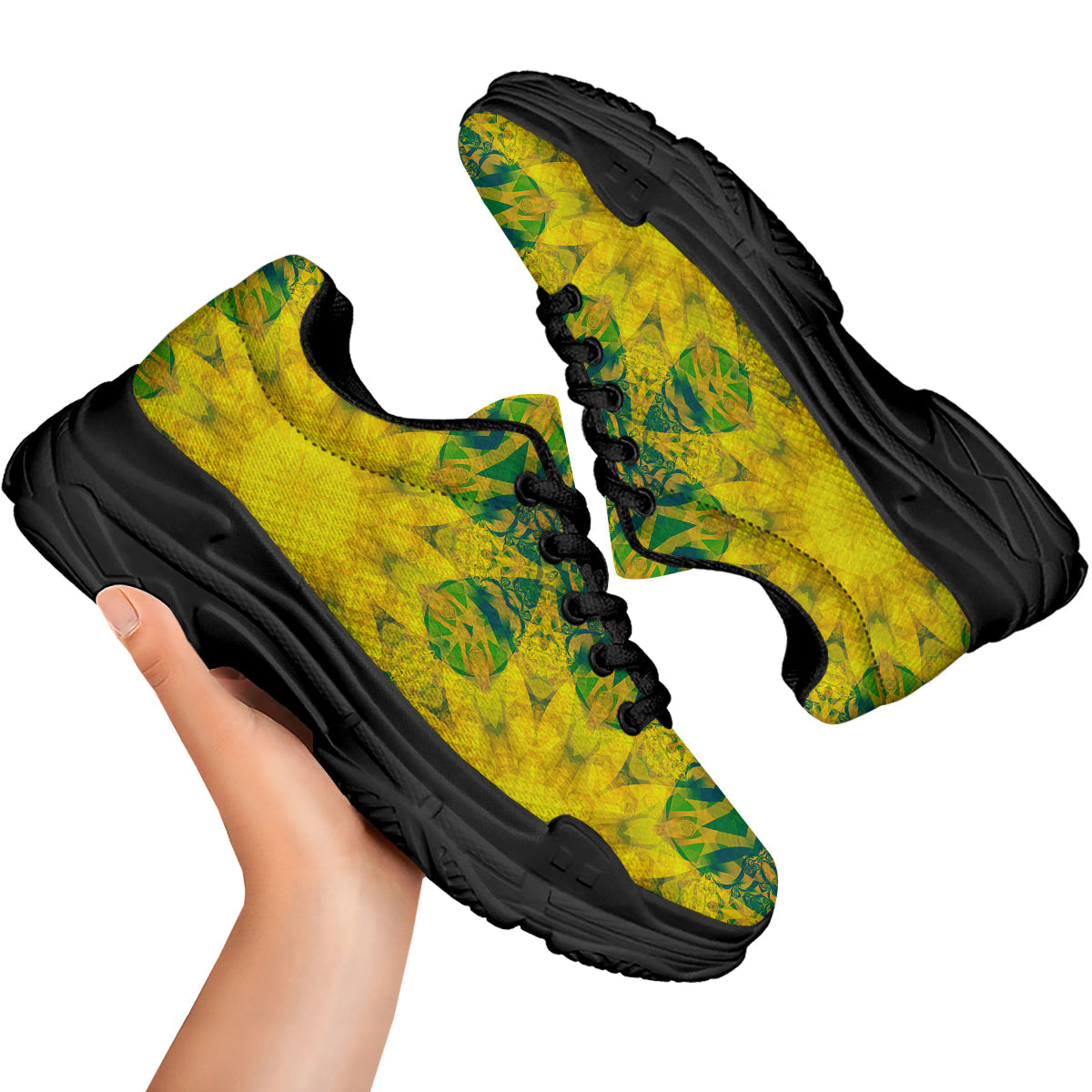 Kaleidoscope Flower Yellow Print Pattern Black Chunky Shoes-grizzshop
