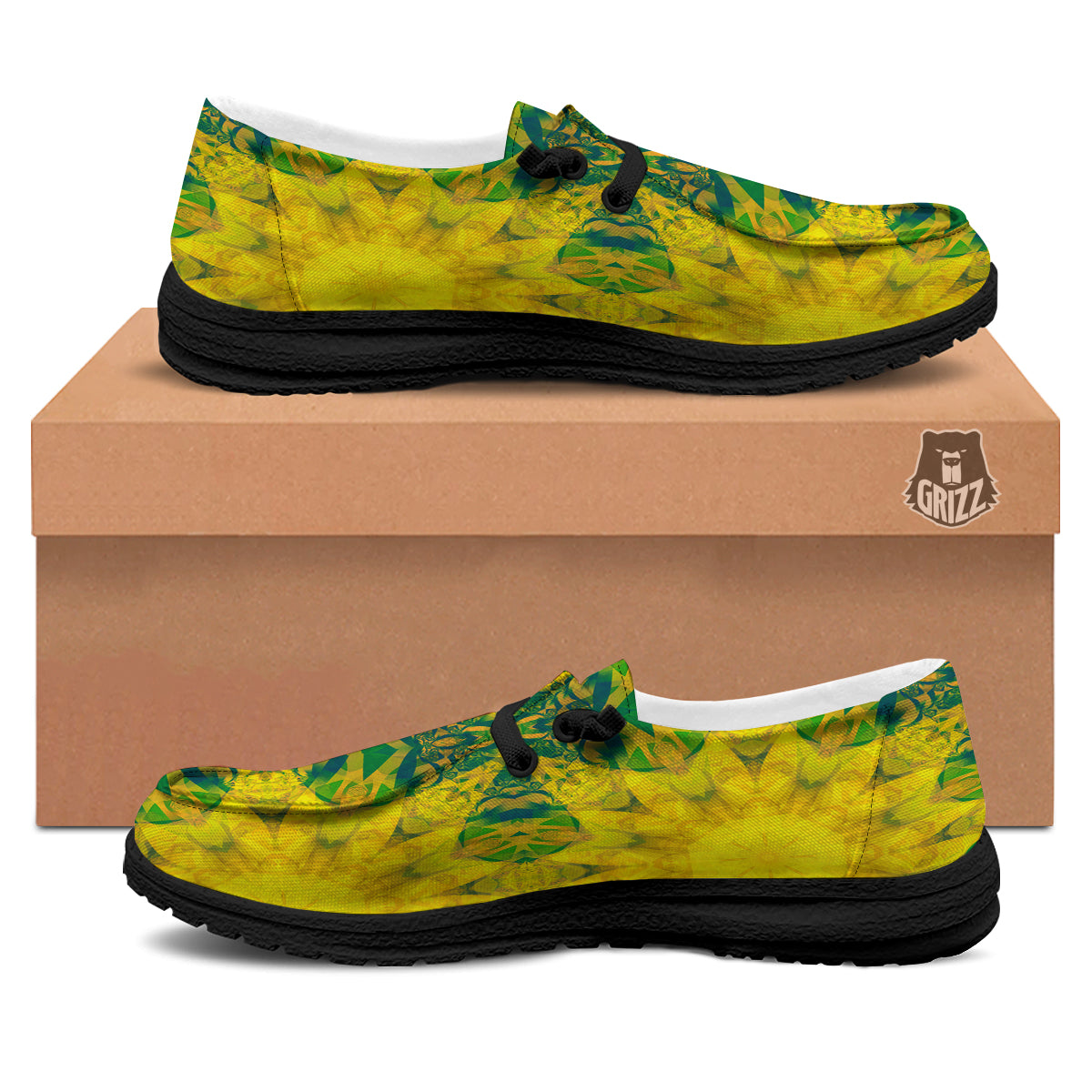 Kaleidoscope Flower Yellow Print Pattern Black Loafers-grizzshop