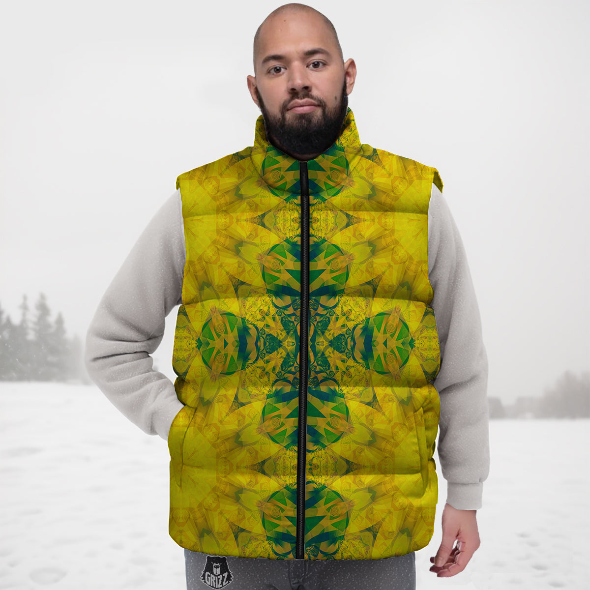 Kaleidoscope Flower Yellow Print Pattern Down Vest-grizzshop
