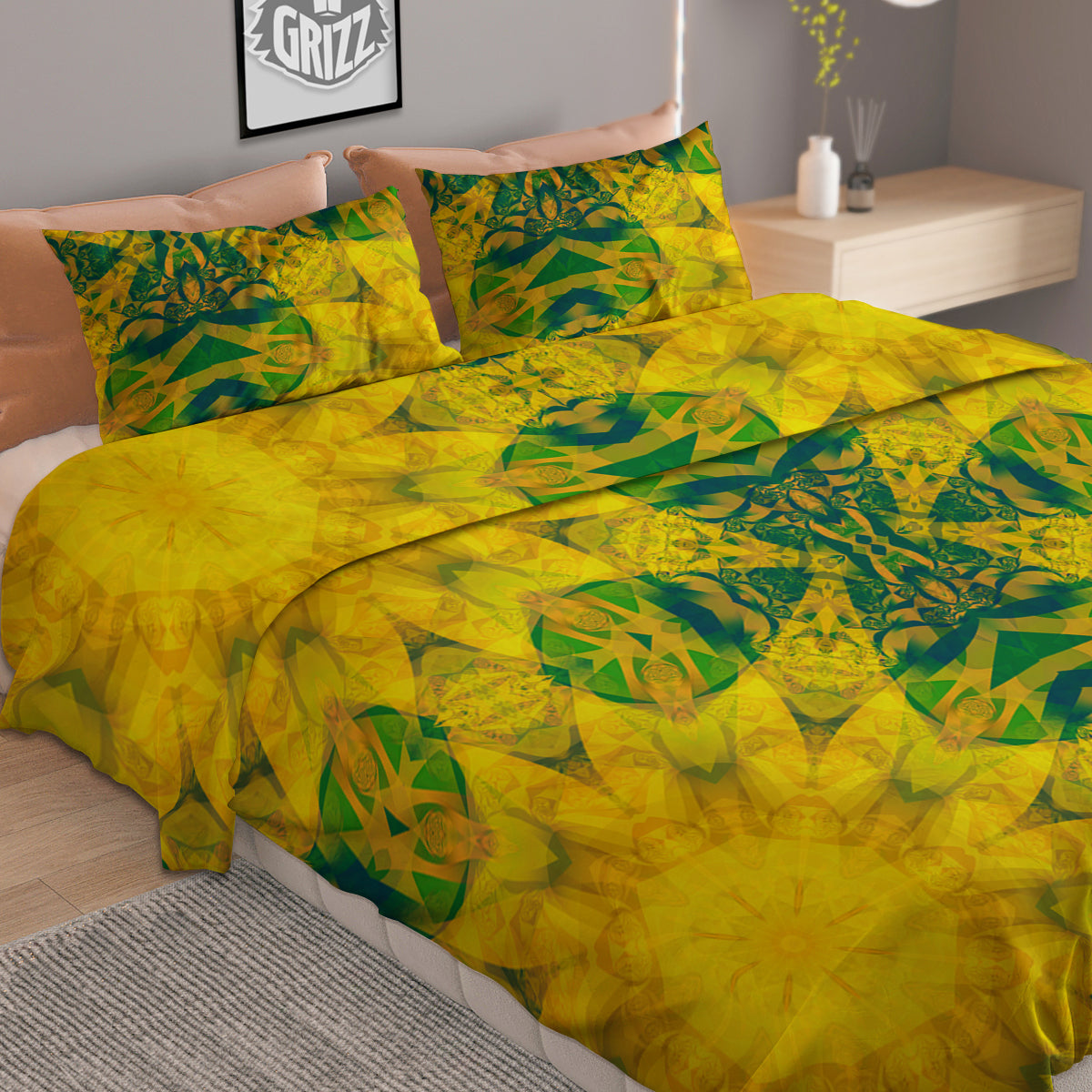 Kaleidoscope Flower Yellow Print Pattern Duvet Cover Bedding Set-grizzshop