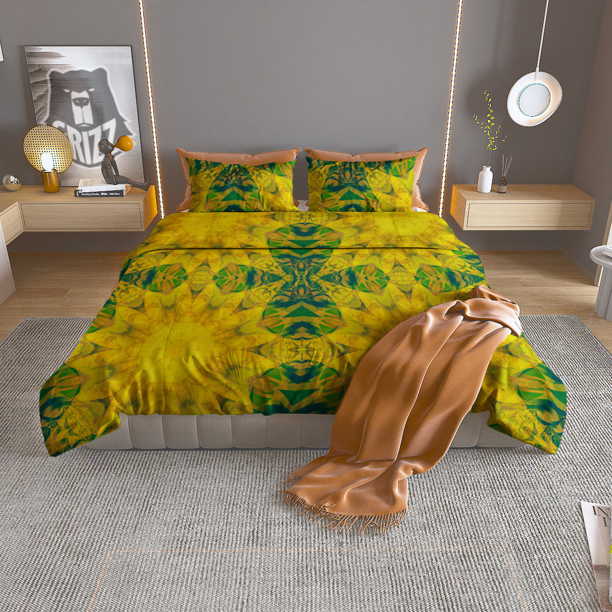 Kaleidoscope Flower Yellow Print Pattern Duvet Cover Bedding Set-grizzshop
