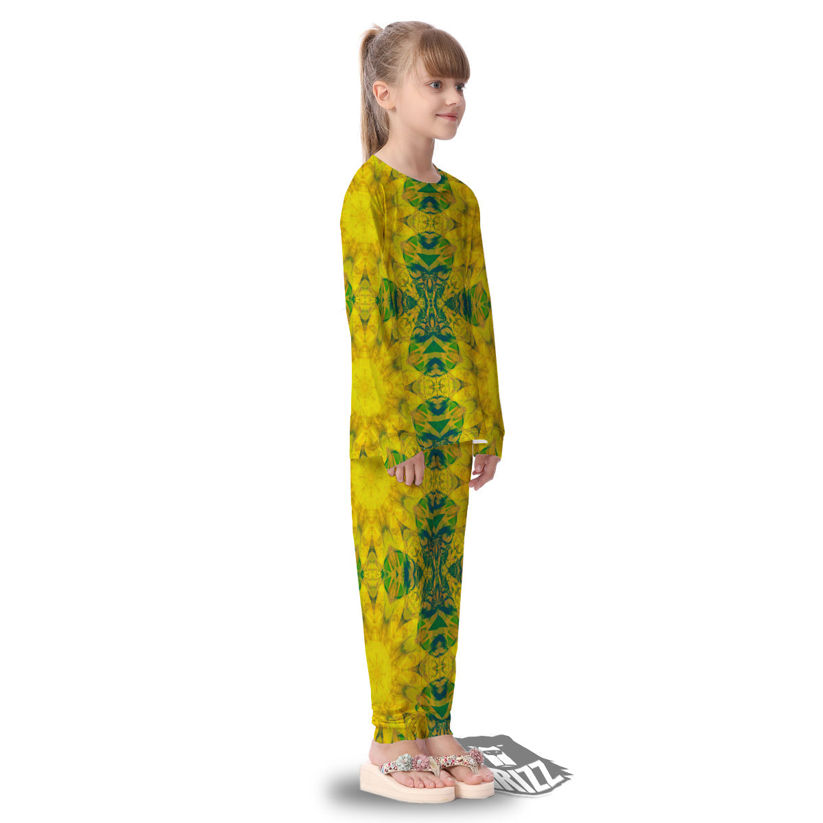 Kaleidoscope Flower Yellow Print Pattern Kid's Pajamas-grizzshop