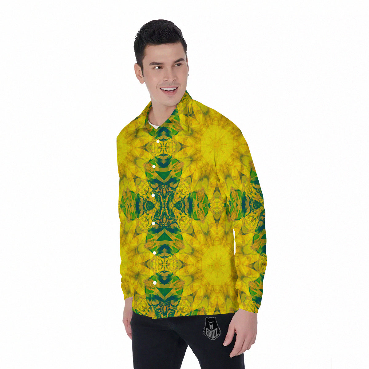 Kaleidoscope Flower Yellow Print Pattern Men's Long Sleeve Shirts-grizzshop