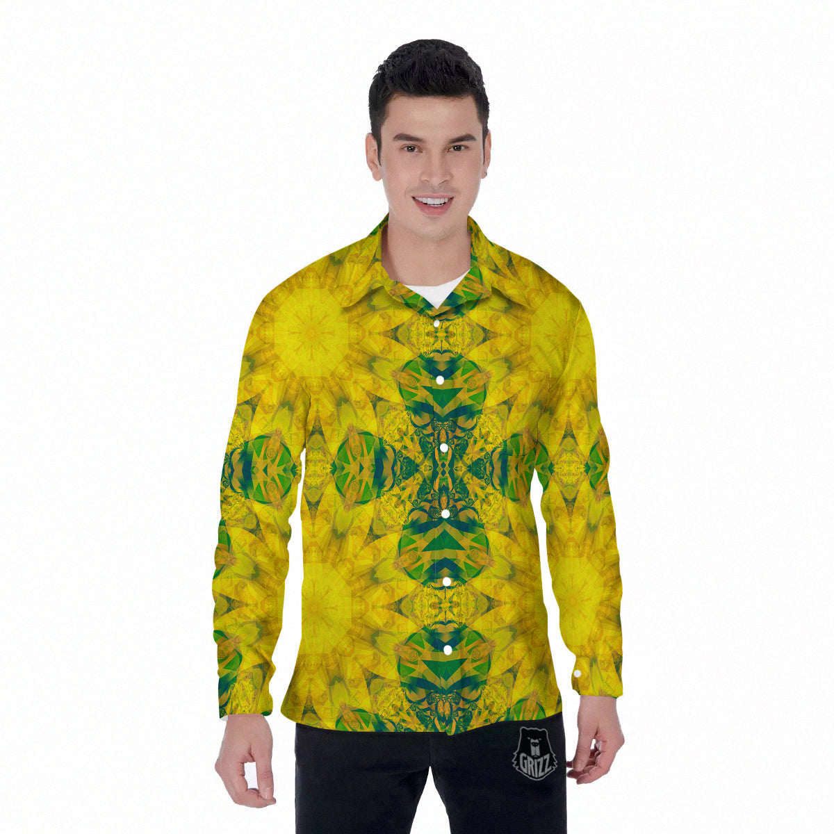 Kaleidoscope Flower Yellow Print Pattern Men's Long Sleeve Shirts-grizzshop