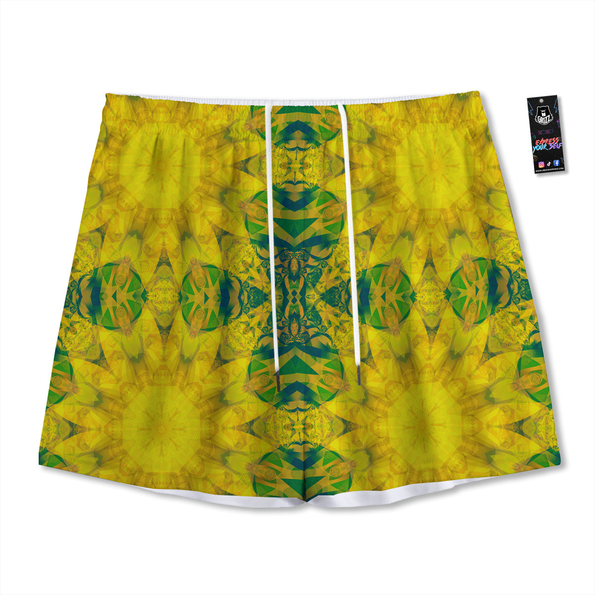 Kaleidoscope Flower Yellow Print Pattern Mesh Shorts-grizzshop