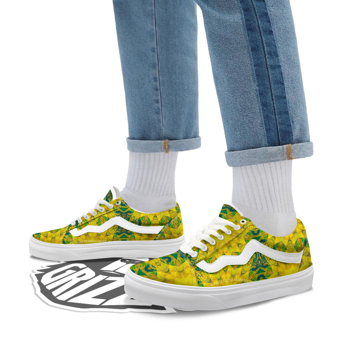Kaleidoscope Flower Yellow Print Pattern Skate Shoes-grizzshop
