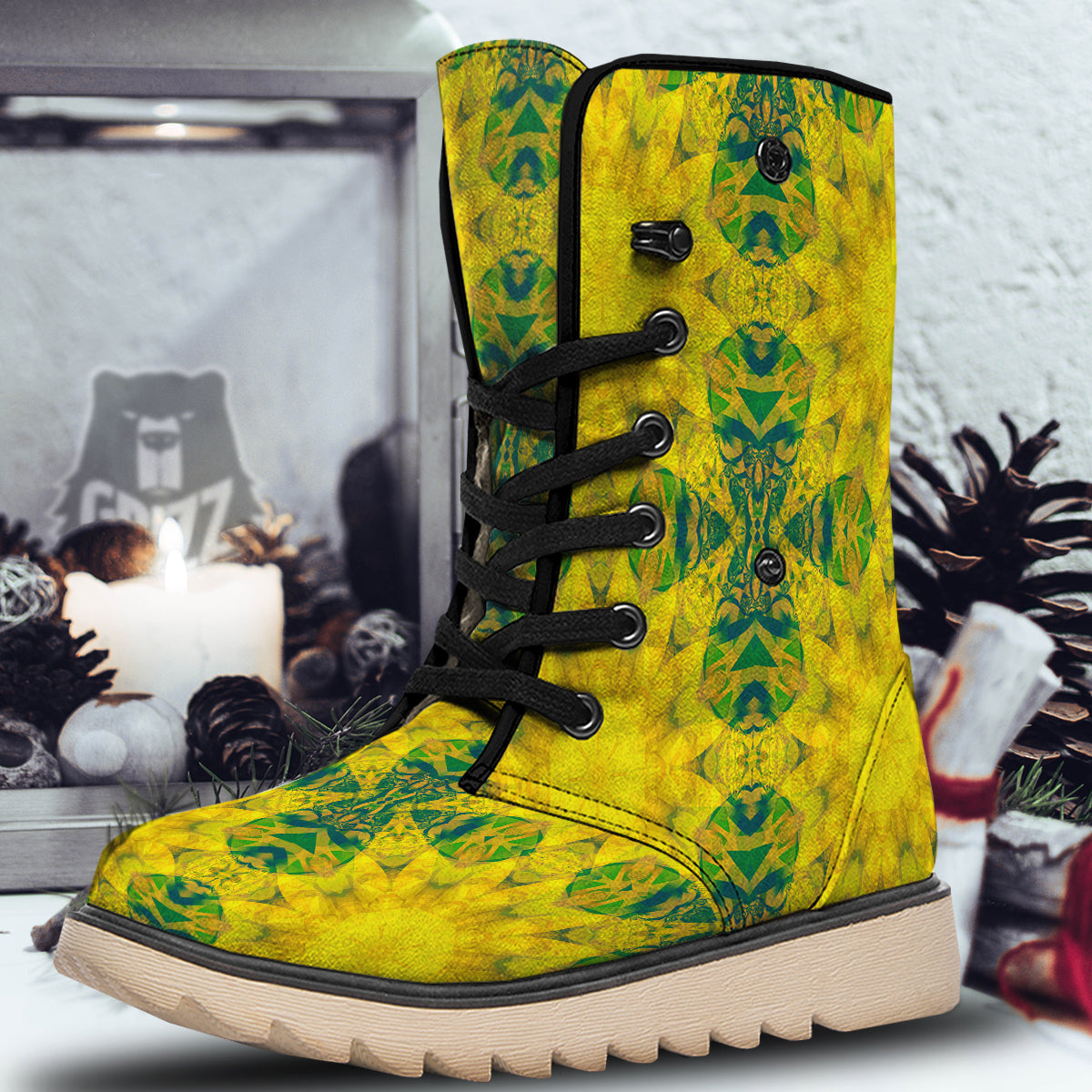 Kaleidoscope Flower Yellow Print Pattern Snow Boots-grizzshop