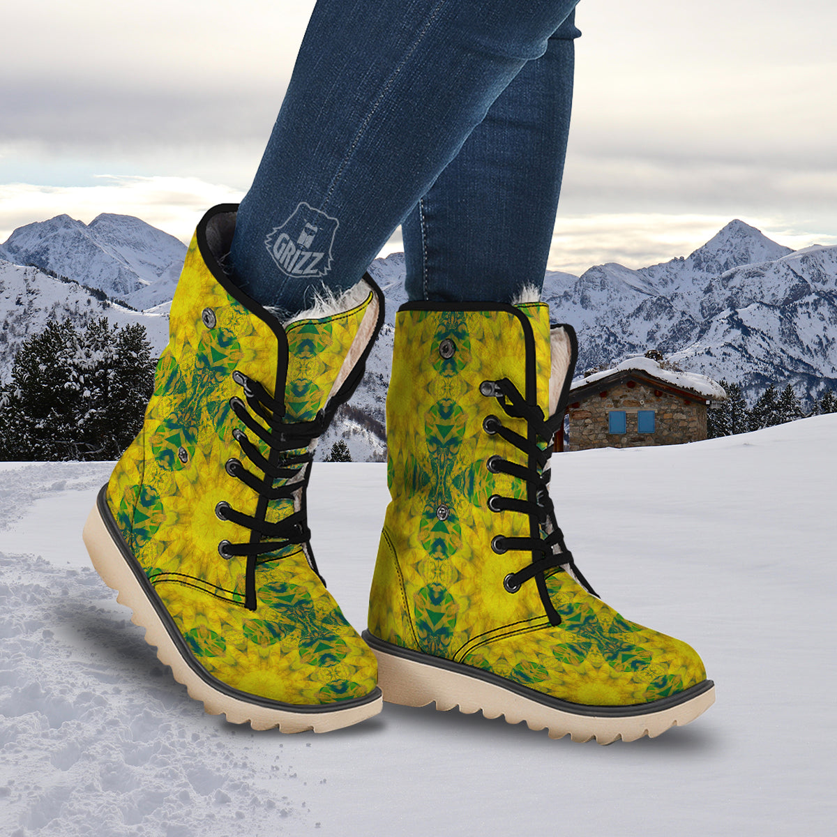 Kaleidoscope Flower Yellow Print Pattern Snow Boots-grizzshop
