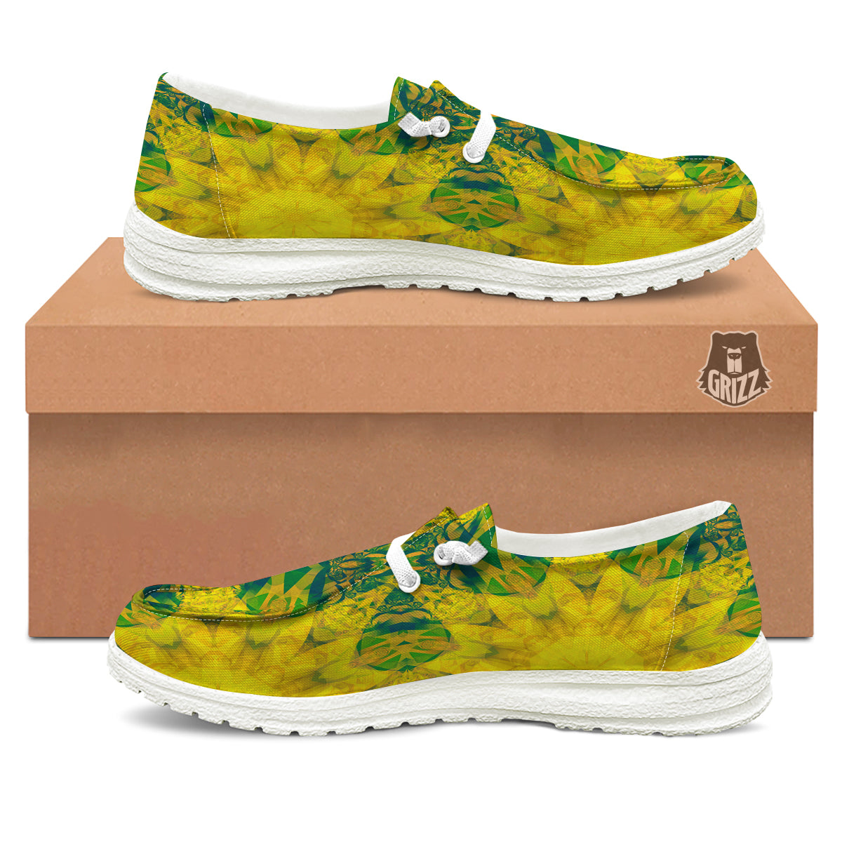 Kaleidoscope Flower Yellow Print Pattern White Loafers-grizzshop