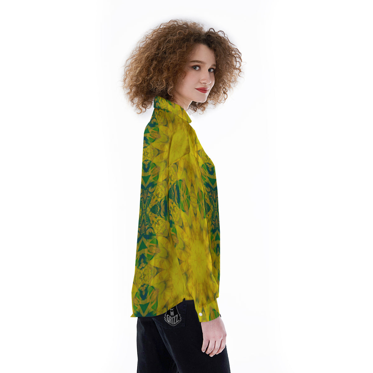 Kaleidoscope Flower Yellow Print Pattern Women's Long Sleeve Shirts-grizzshop