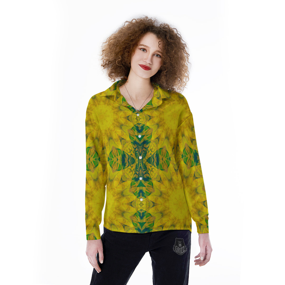 Kaleidoscope Flower Yellow Print Pattern Women's Long Sleeve Shirts-grizzshop