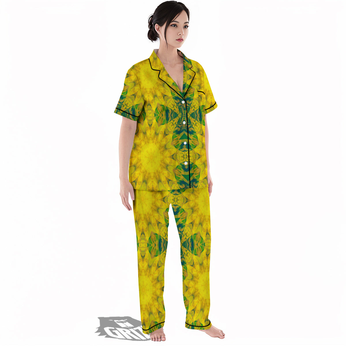 Kaleidoscope Flower Yellow Print Pattern Women's Pajamas Set-grizzshop