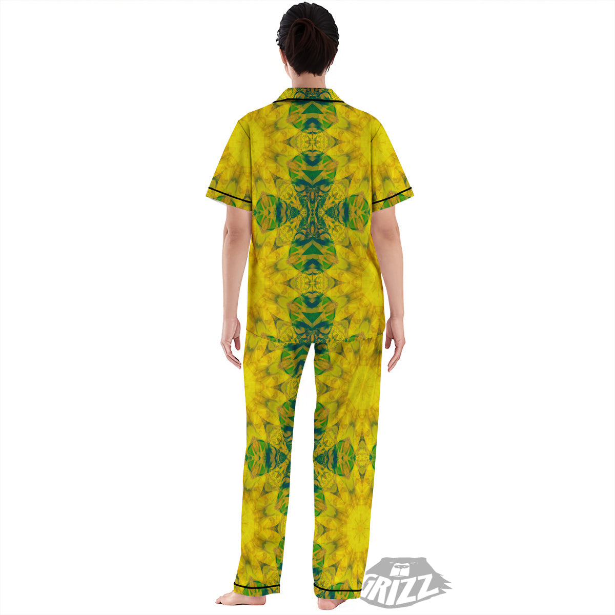 Kaleidoscope Flower Yellow Print Pattern Women's Pajamas Set-grizzshop