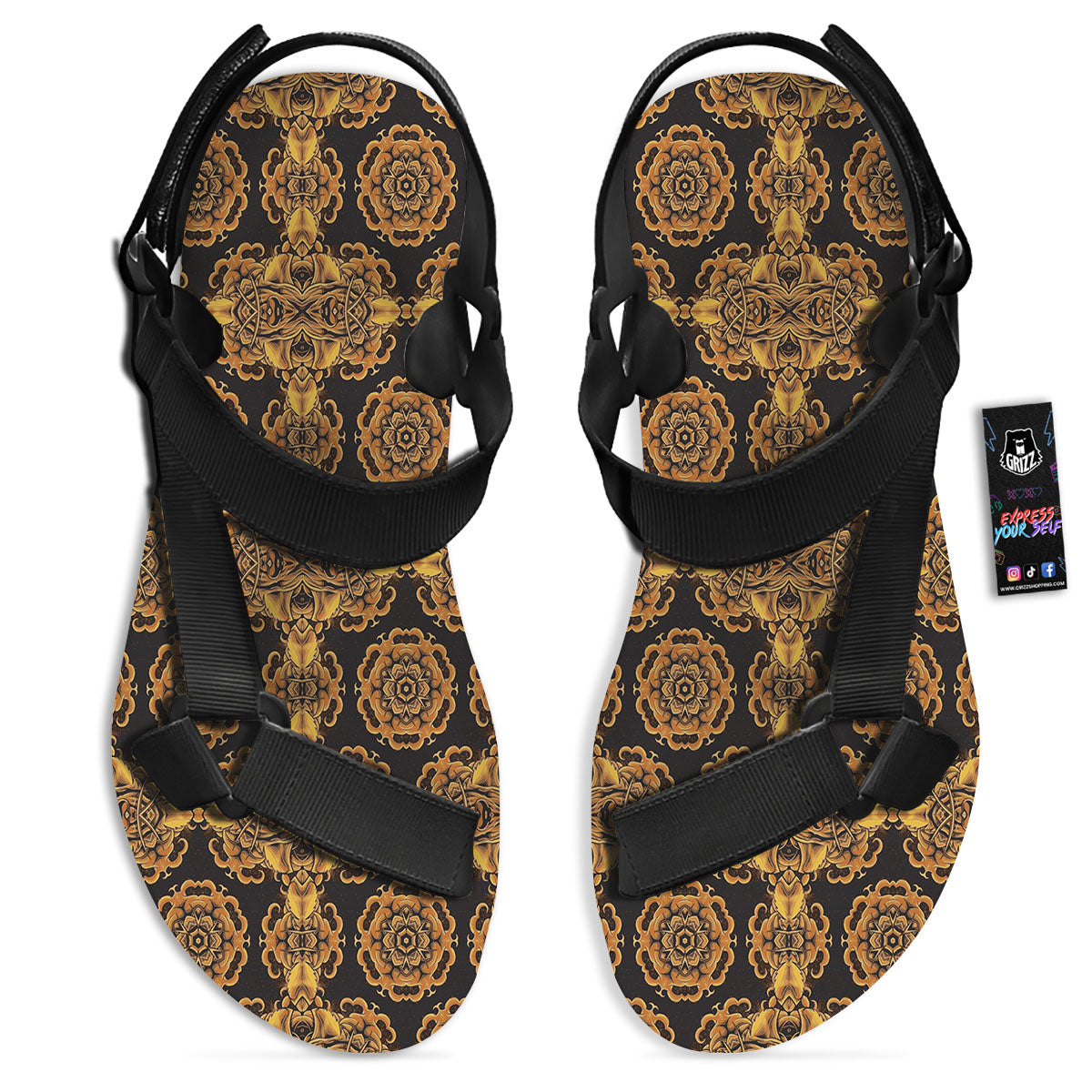 Kaleidoscope Gold Print Black Open Toe Sandals-grizzshop