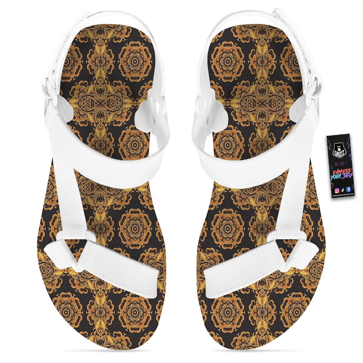 Kaleidoscope Gold Print White Open Toe Sandals-grizzshop