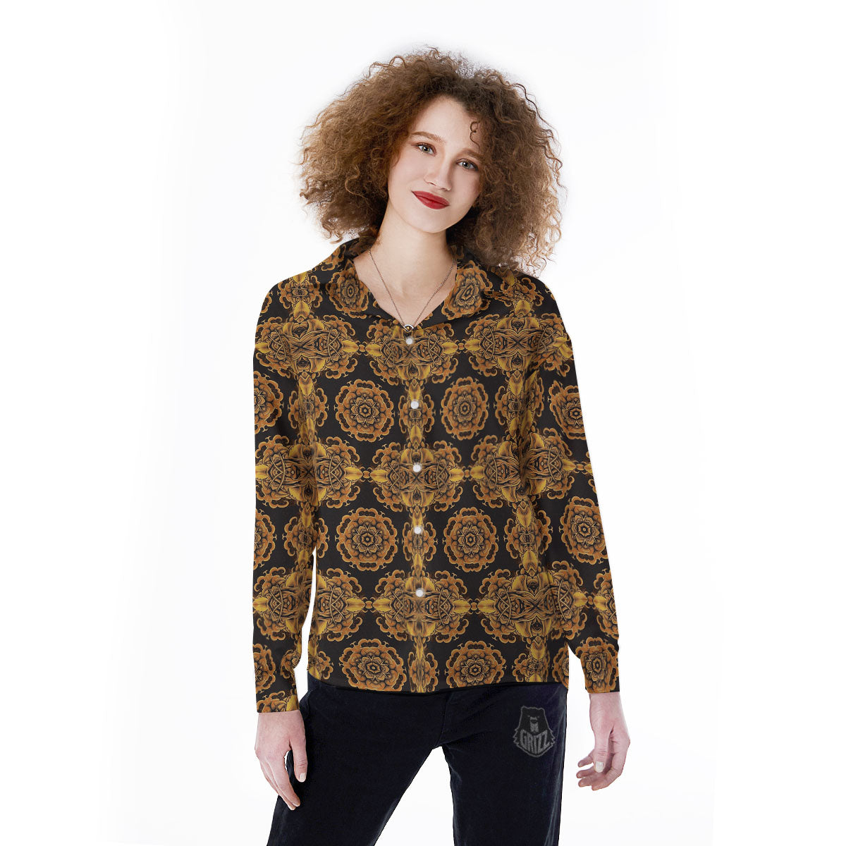 Kaleidoscope Gold Print Women's Long Sleeve Shirts-grizzshop