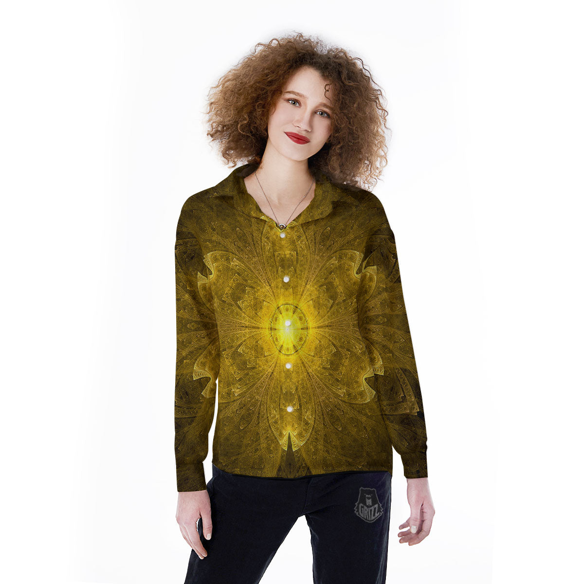Kaleidoscope Golden Print Women's Long Sleeve Shirts-grizzshop