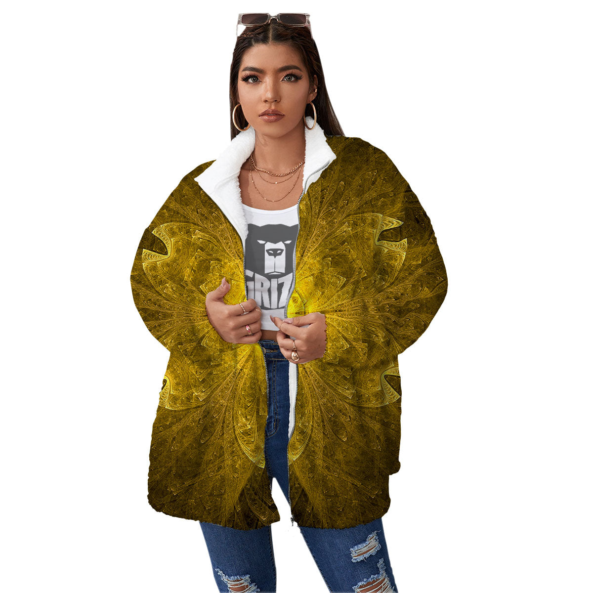 Kaleidoscope Golden Print Women's Sherpa Jacket-grizzshop