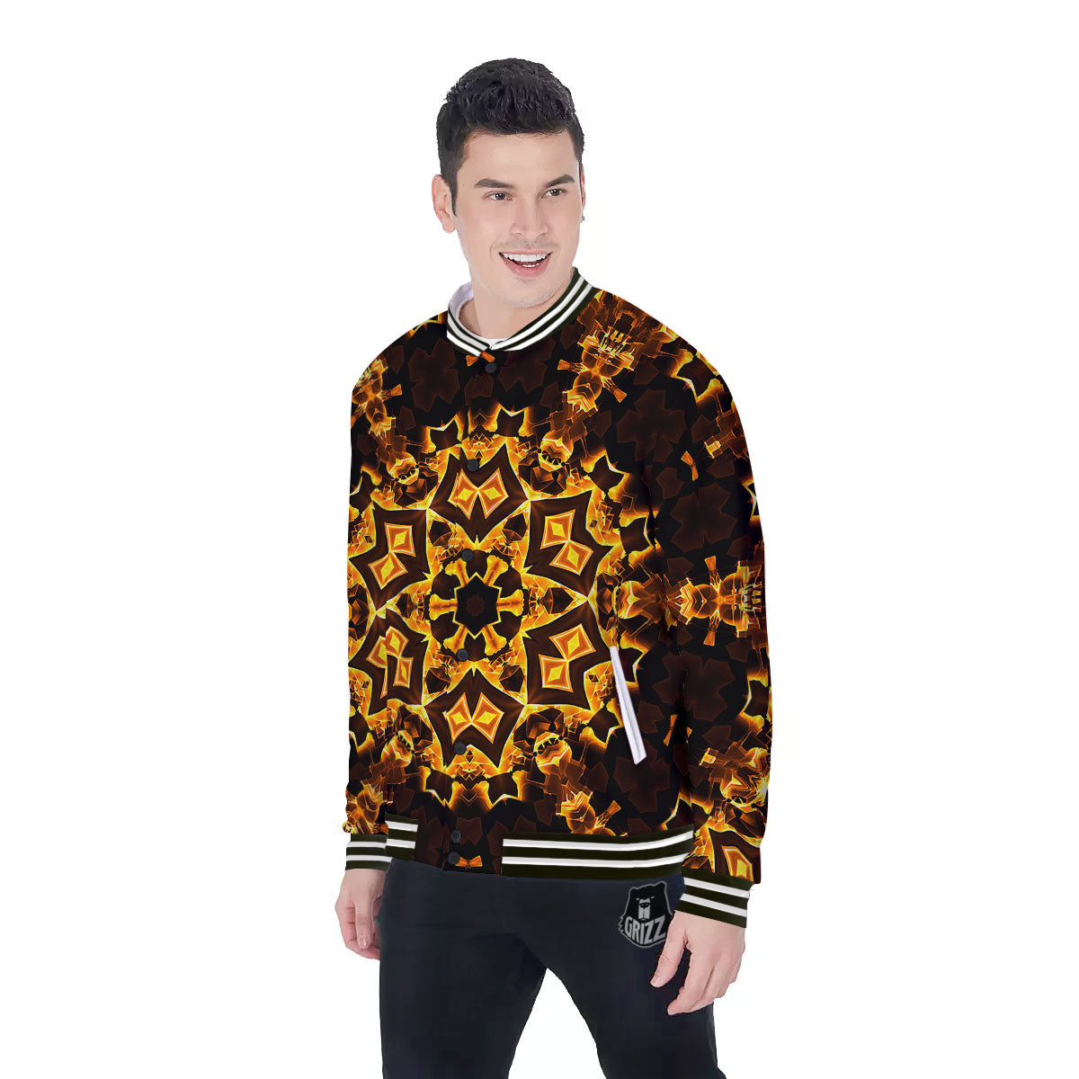 Kaleidoscope Lights Gold Print Baseball Jacket-grizzshop
